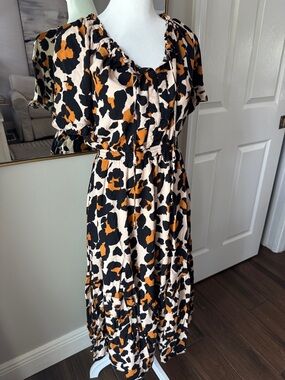 Women's Beige Leopard Print Midi Dress with Ruffle Neck